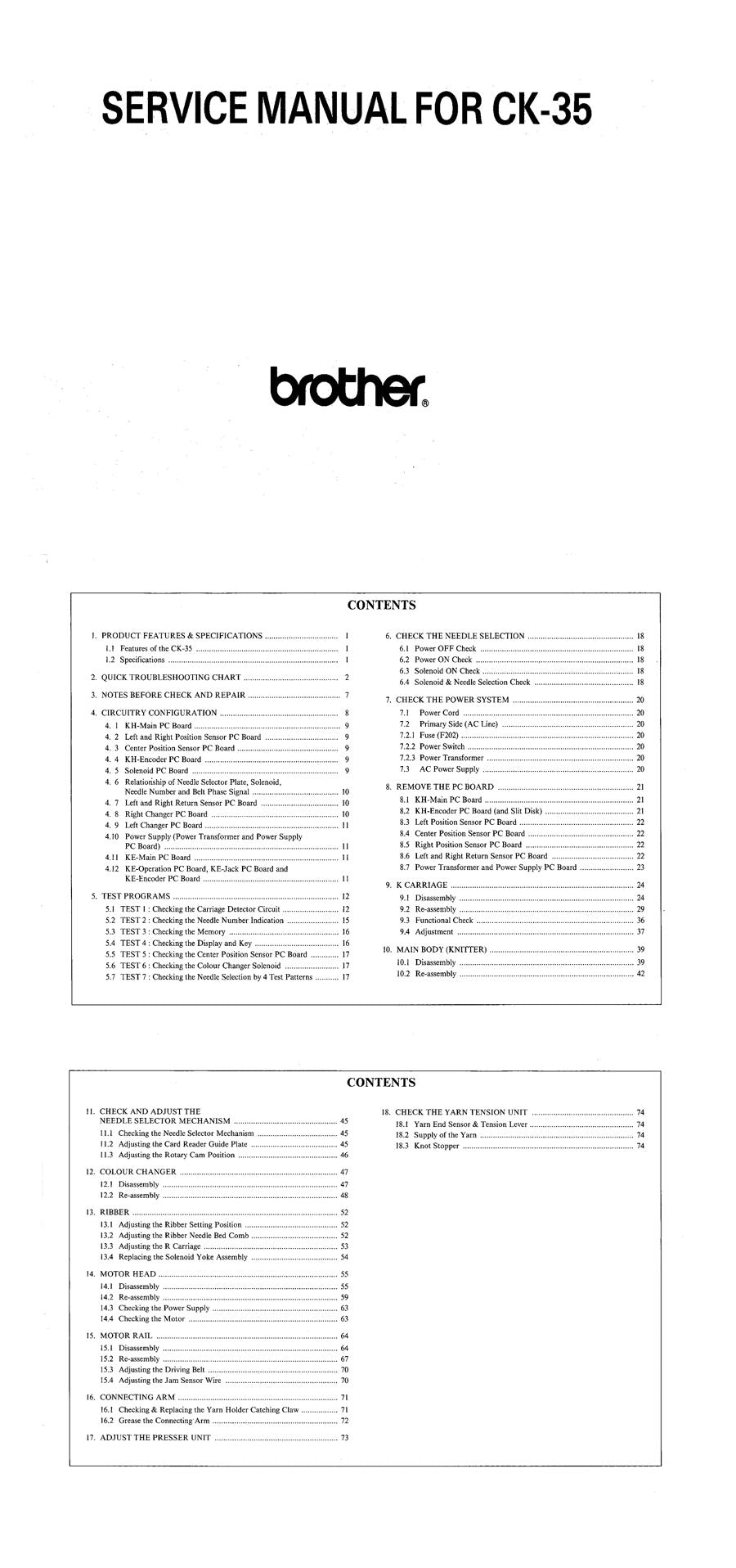 CK35 SERVICE MANUAL For BROTHER KNITTING MACHINE 888331